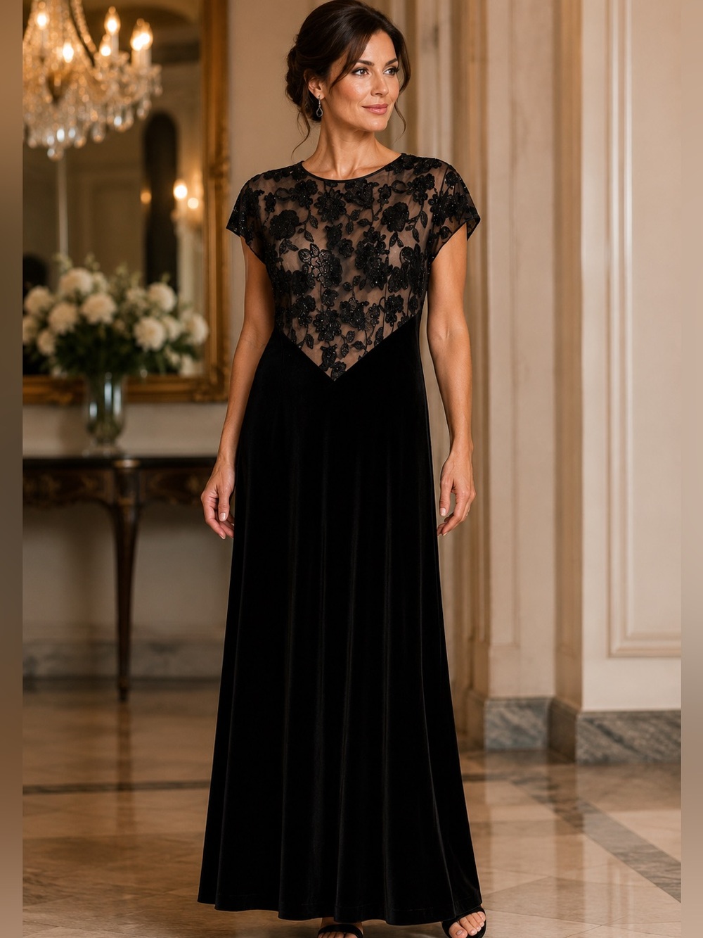 Black Lace Appliqué Velvet A-Line Gown